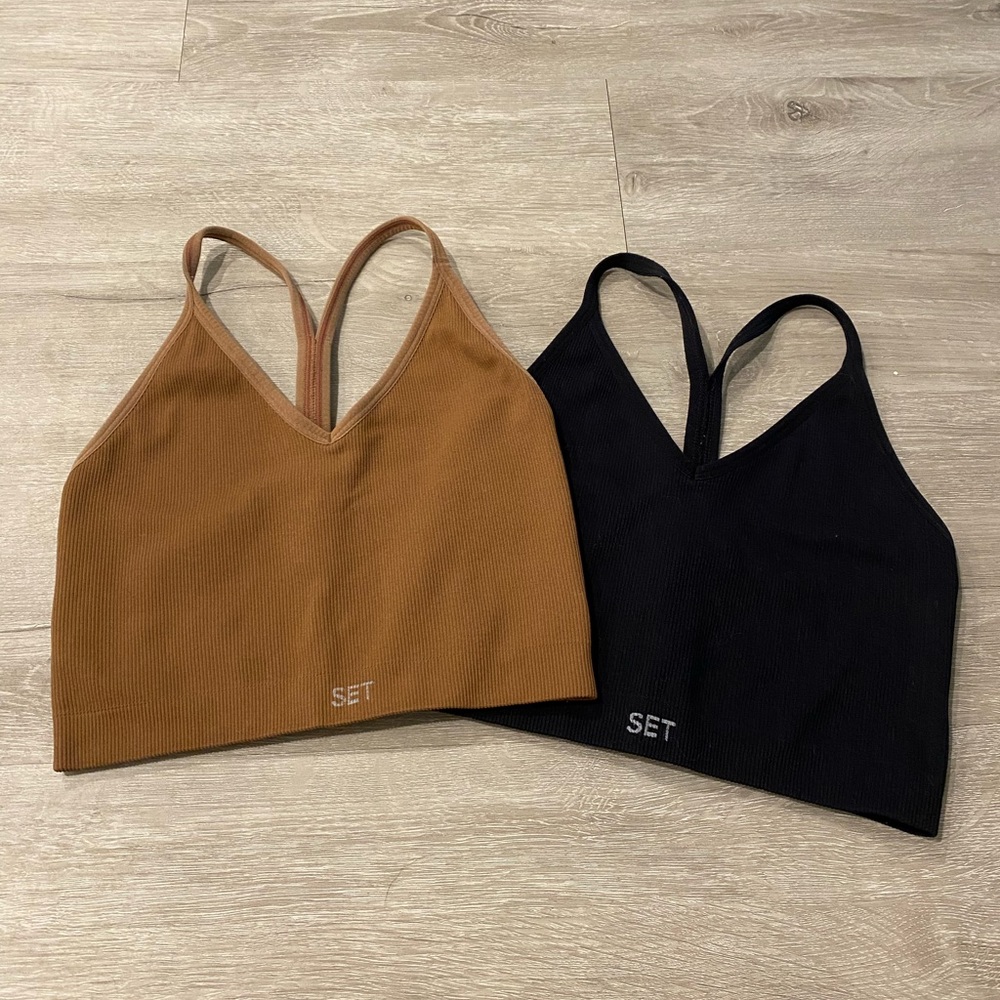 Set Active Sculptflex Ribbed V Bra - Size Small in Black and Camel